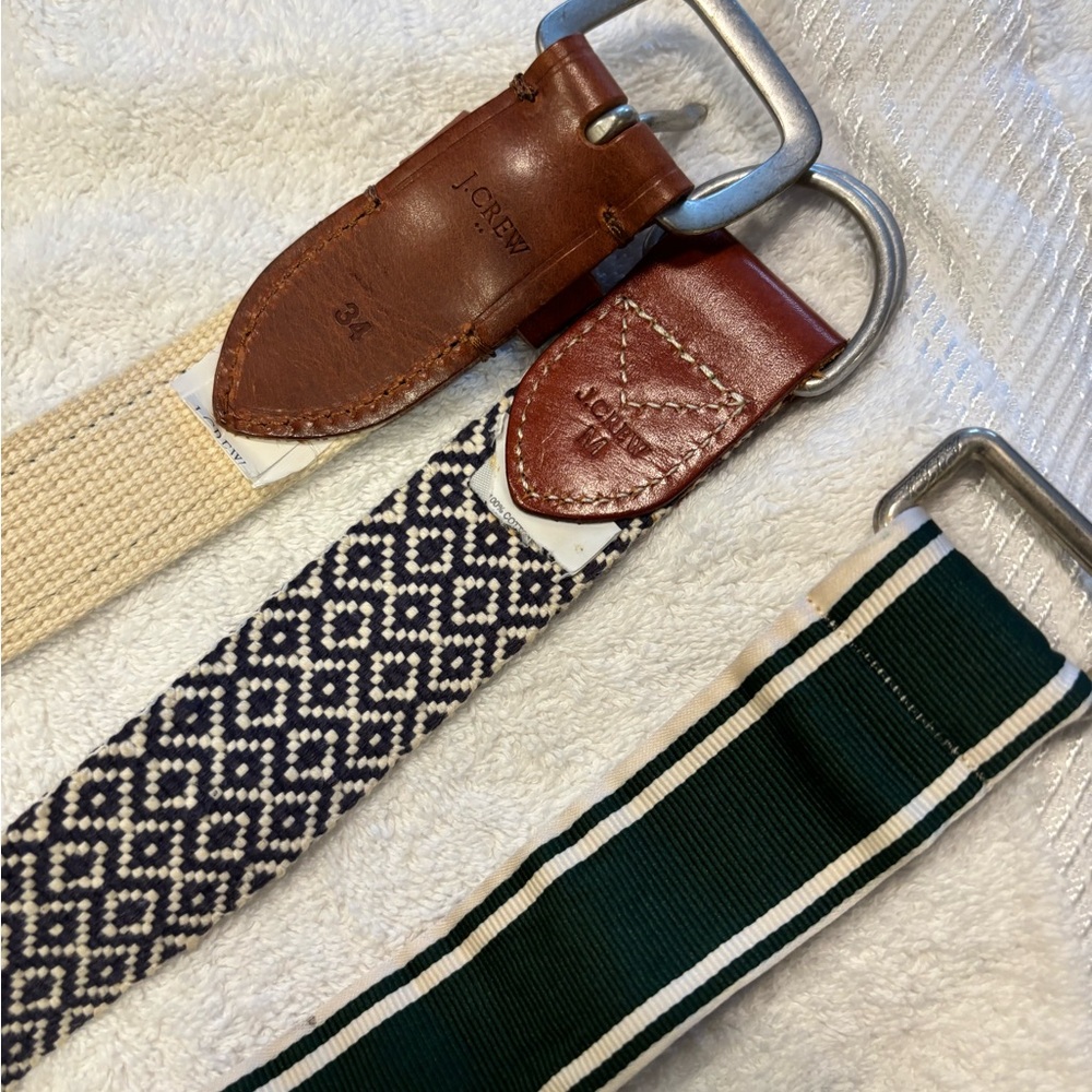 Trio of cotton belts, 2 J. Crew, 1 Brooks Brothers. 34”, M, and one size for the